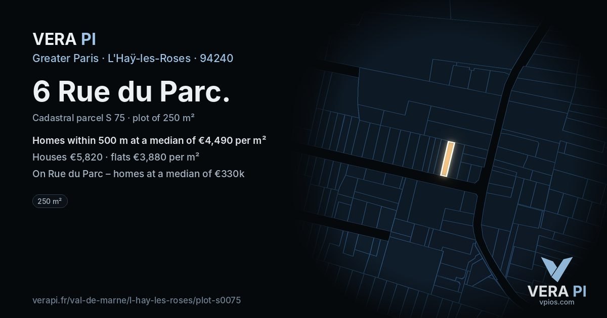 6 Rue du Parc, L'Haÿ-les-Roses at night – the plot lit, the parcels around coloured by the prices near them