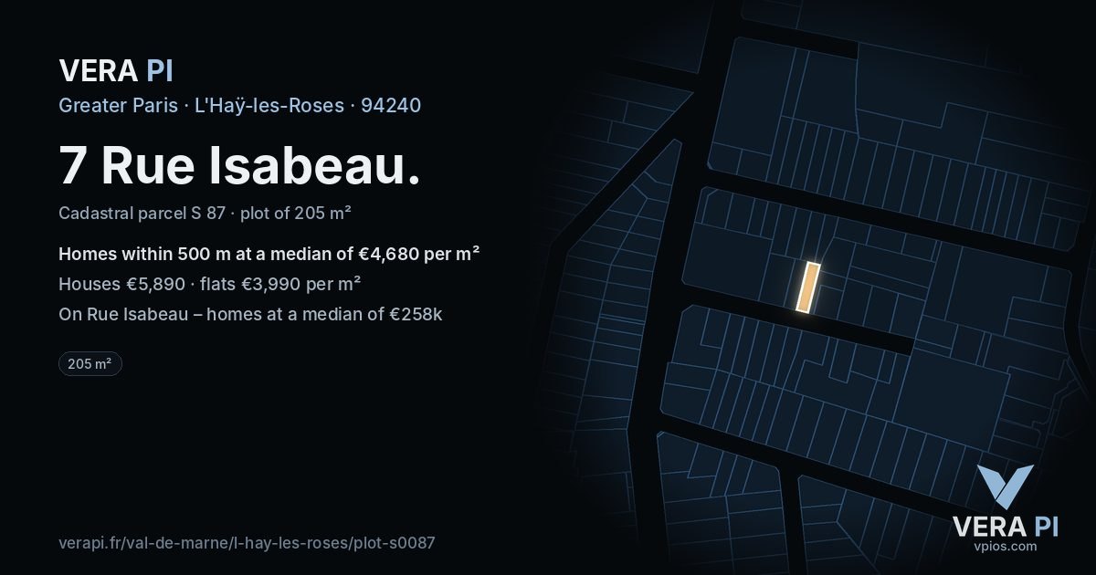 7 Rue Isabeau, L'Haÿ-les-Roses at night – the plot lit, the parcels around coloured by the prices near them