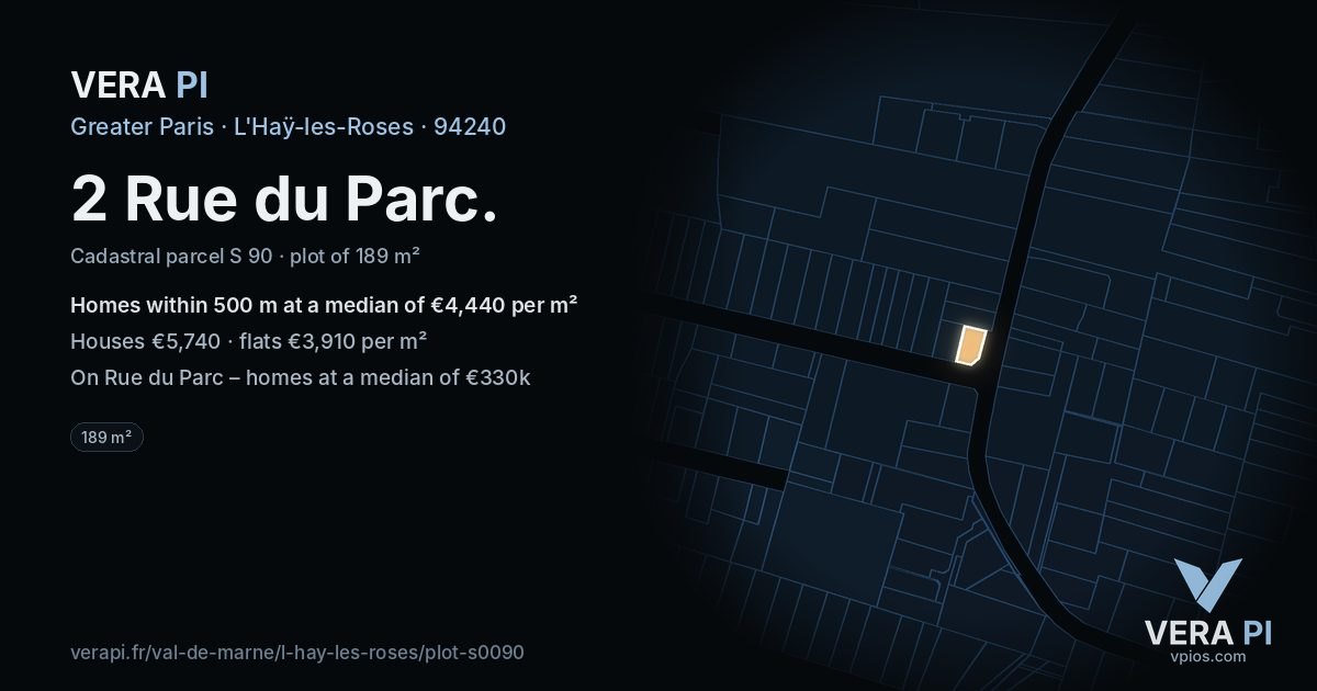 2 Rue du Parc, L'Haÿ-les-Roses at night – the plot lit, the parcels around coloured by the prices near them