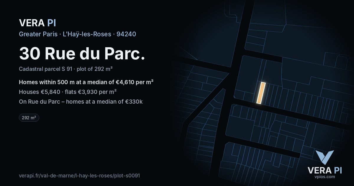 30 Rue du Parc, L'Haÿ-les-Roses at night – the plot lit, the parcels around coloured by the prices near them
