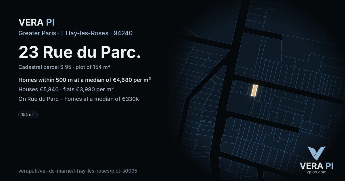 23 Rue du Parc, L'Haÿ-les-Roses at night – the plot lit, the parcels around coloured by the prices near them