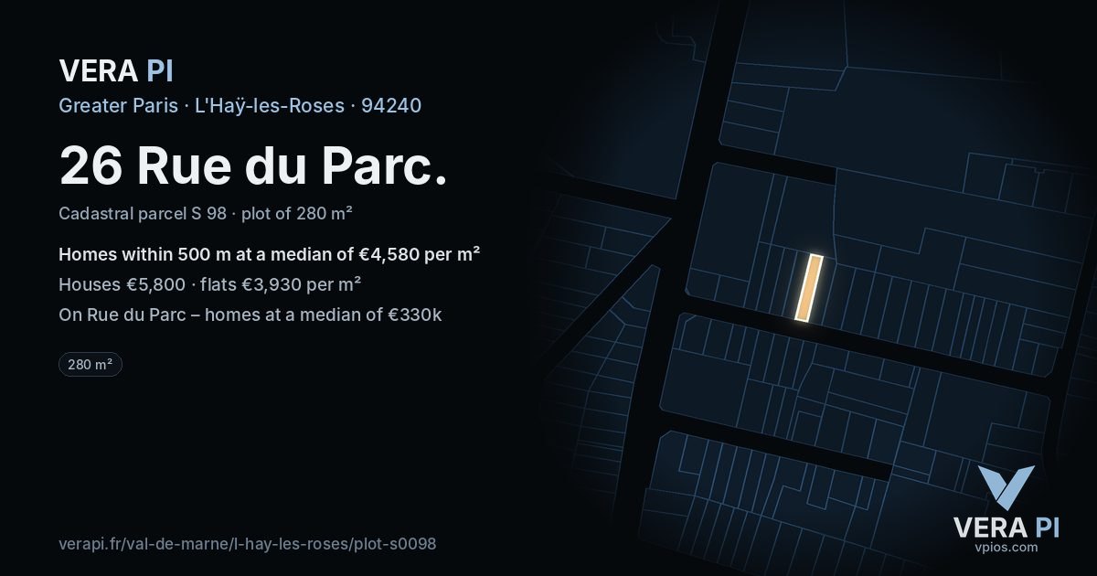 26 Rue du Parc, L'Haÿ-les-Roses at night – the plot lit, the parcels around coloured by the prices near them