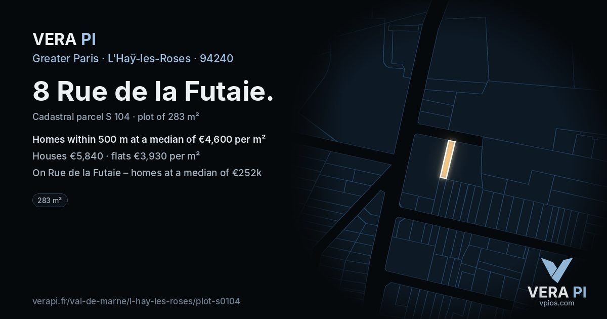 8 Rue de la Futaie, L'Haÿ-les-Roses at night – the plot lit, the parcels around coloured by the prices near them