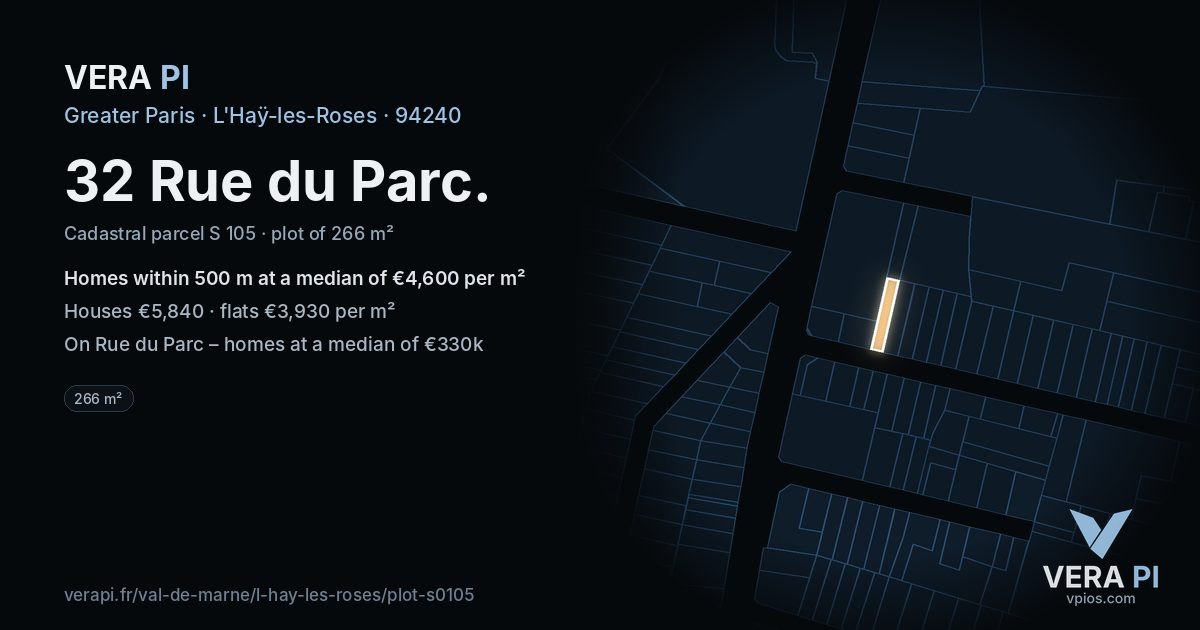 32 Rue du Parc, L'Haÿ-les-Roses at night – the plot lit, the parcels around coloured by the prices near them