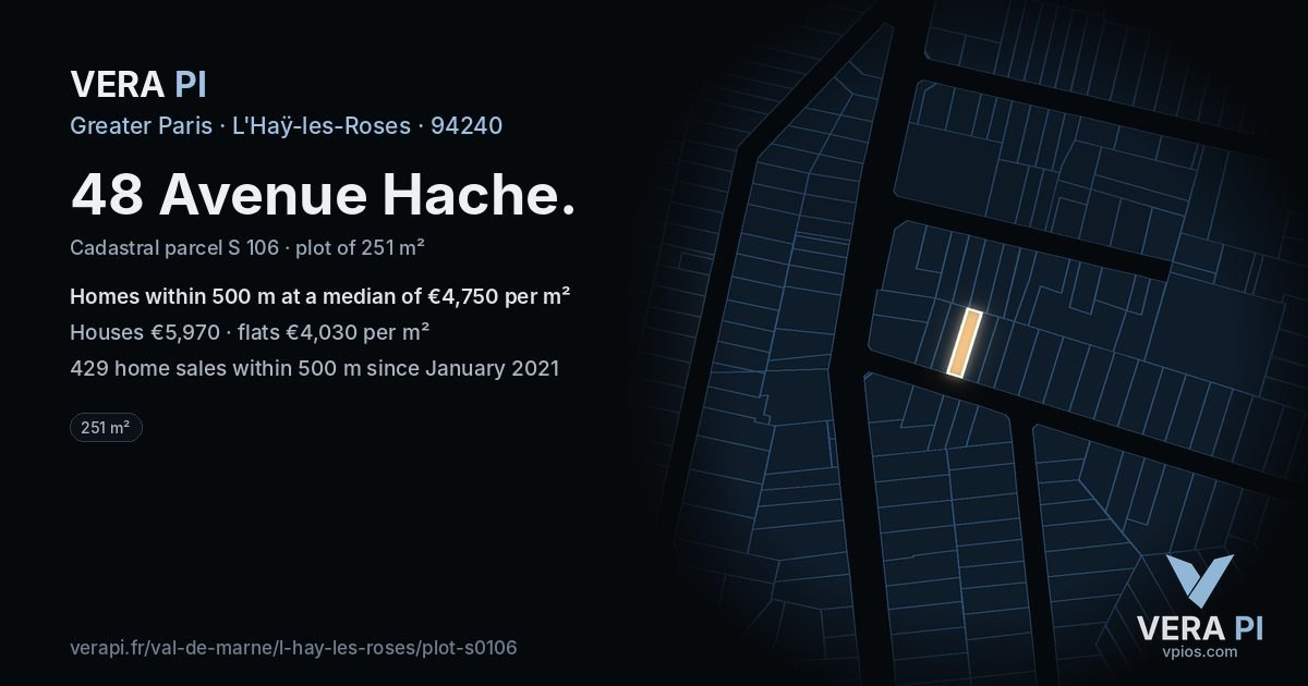 48 Avenue Hache, L'Haÿ-les-Roses at night – the plot lit, the parcels around coloured by the prices near them