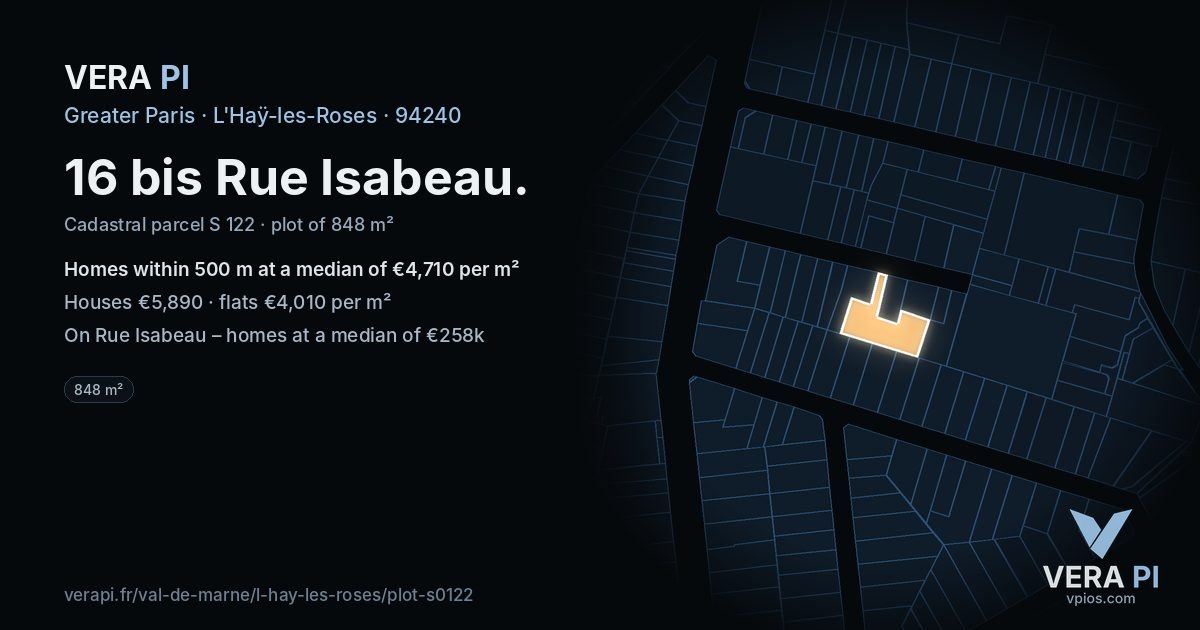 16 bis Rue Isabeau, L'Haÿ-les-Roses at night – the plot lit, the parcels around coloured by the prices near them