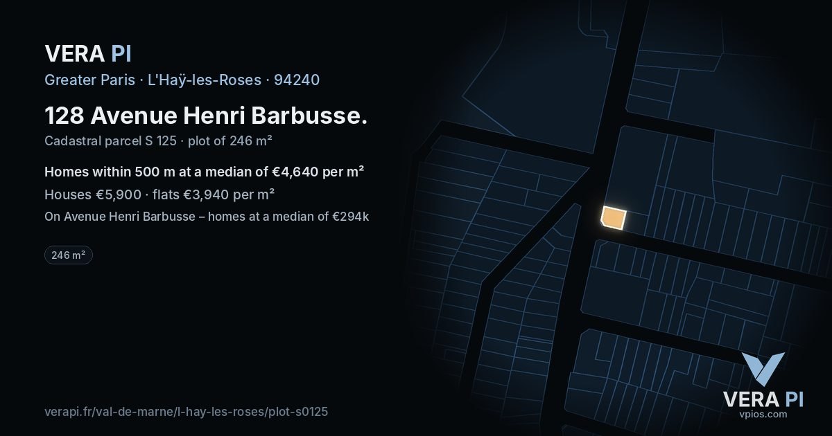 128 Avenue Henri Barbusse, L'Haÿ-les-Roses at night – the plot lit, the parcels around coloured by the prices near them