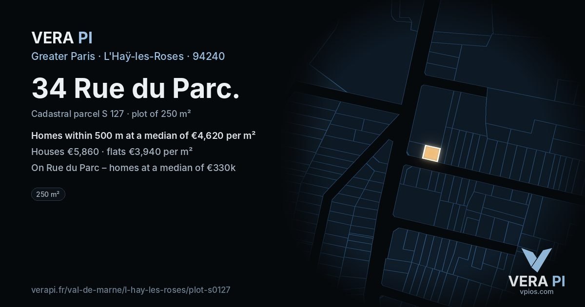 34 Rue du Parc, L'Haÿ-les-Roses at night – the plot lit, the parcels around coloured by the prices near them