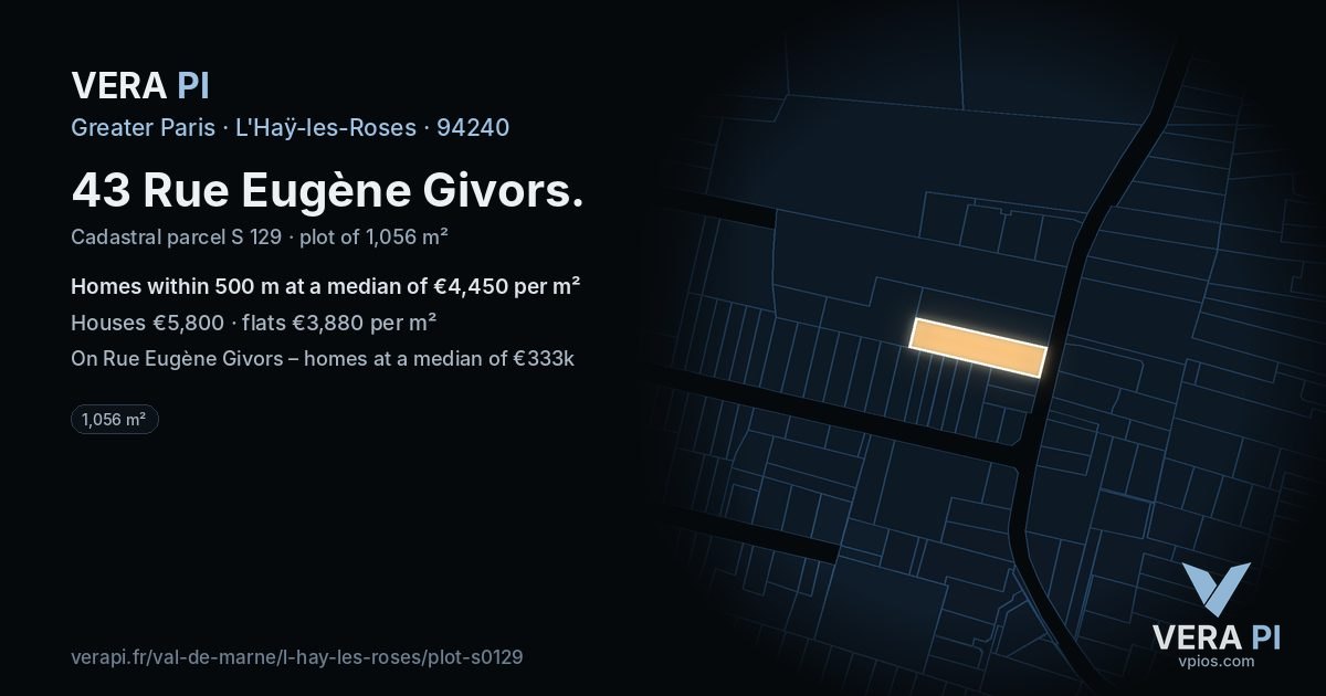 43 Rue Eugène Givors, L'Haÿ-les-Roses at night – the plot lit, the parcels around coloured by the prices near them