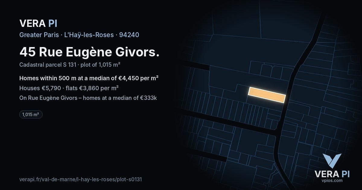 45 Rue Eugène Givors, L'Haÿ-les-Roses at night – the plot lit, the parcels around coloured by the prices near them