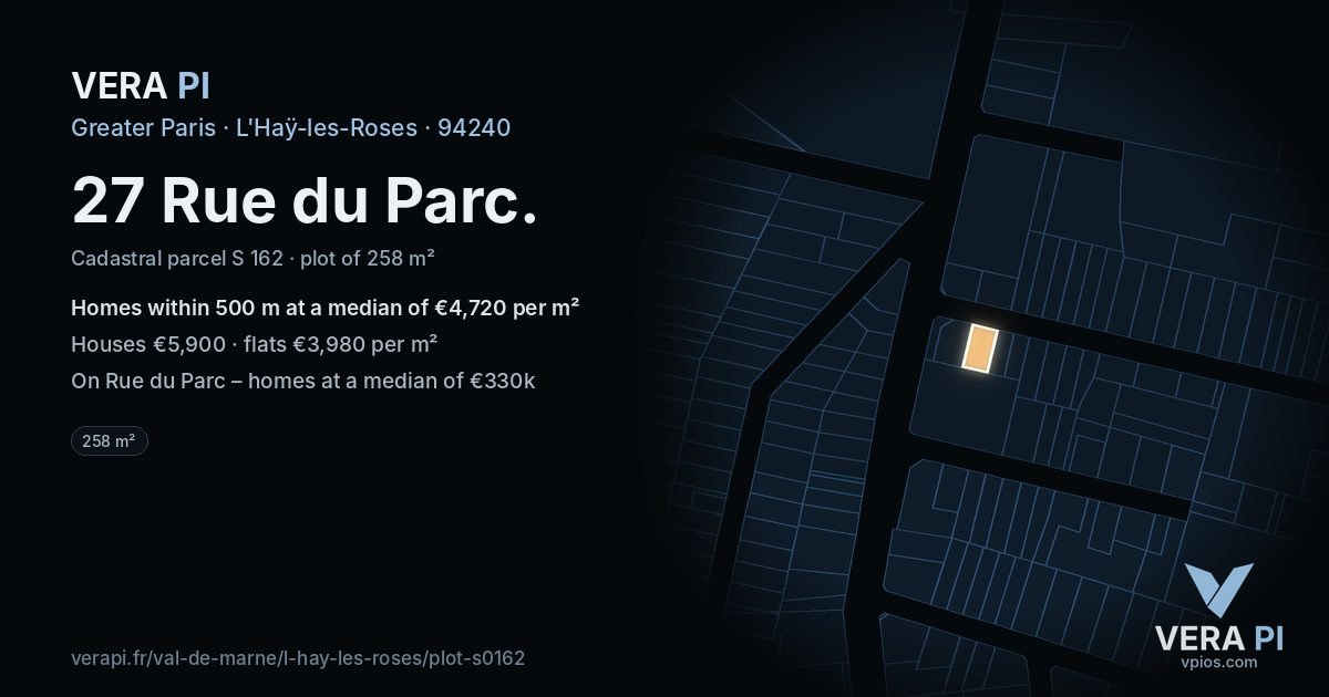 27 Rue du Parc, L'Haÿ-les-Roses at night – the plot lit, the parcels around coloured by the prices near them