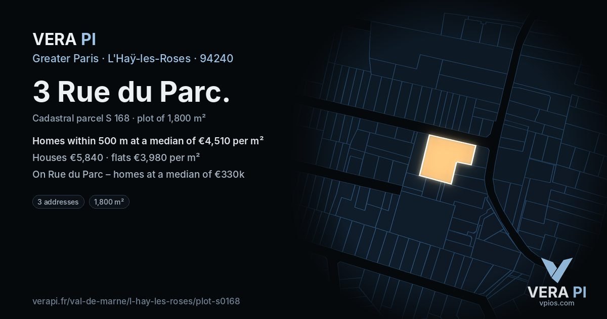 3 Rue du Parc, L'Haÿ-les-Roses at night – the plot lit, the parcels around coloured by the prices near them