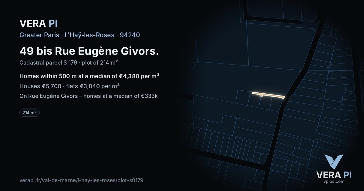 49 bis Rue Eugène Givors, L'Haÿ-les-Roses at night – the plot lit, the parcels around coloured by the prices near them