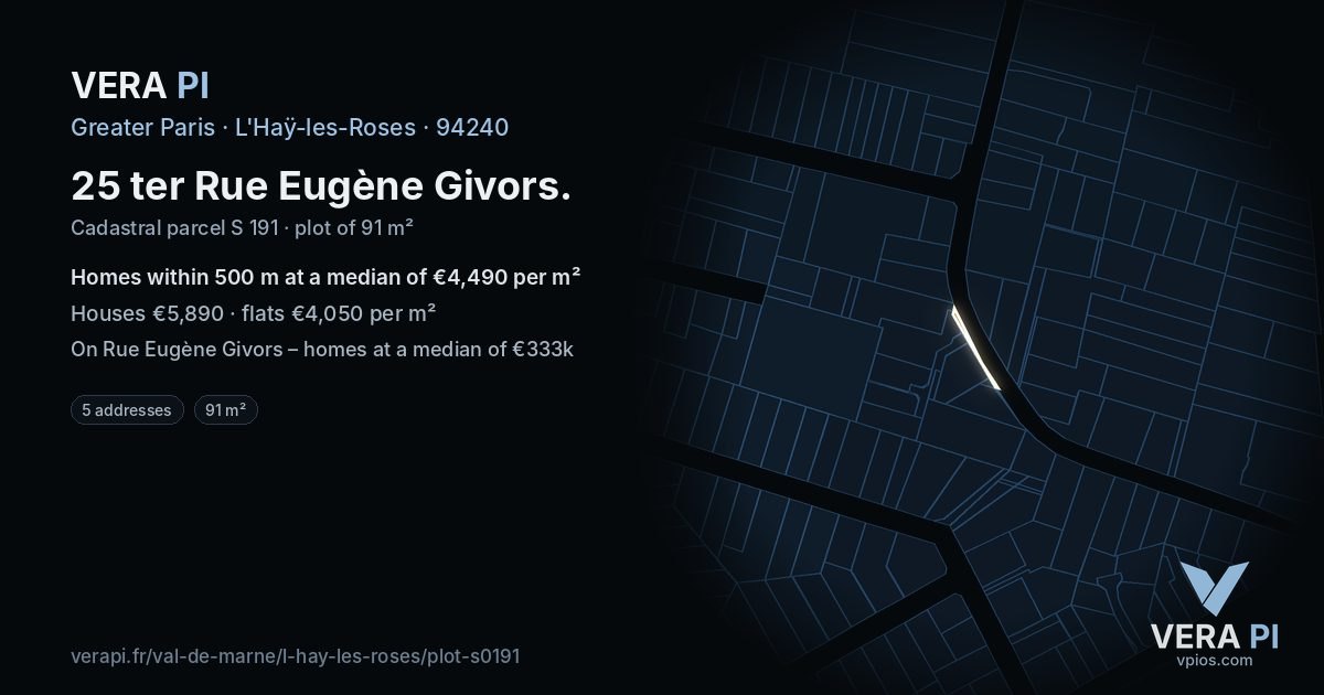 25 ter Rue Eugène Givors, L'Haÿ-les-Roses at night – the plot lit, the parcels around coloured by the prices near them