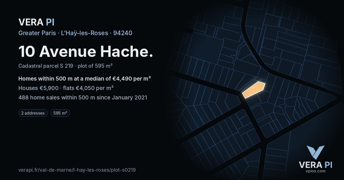 10 Avenue Hache, L'Haÿ-les-Roses at night – the plot lit, the parcels around coloured by the prices near them