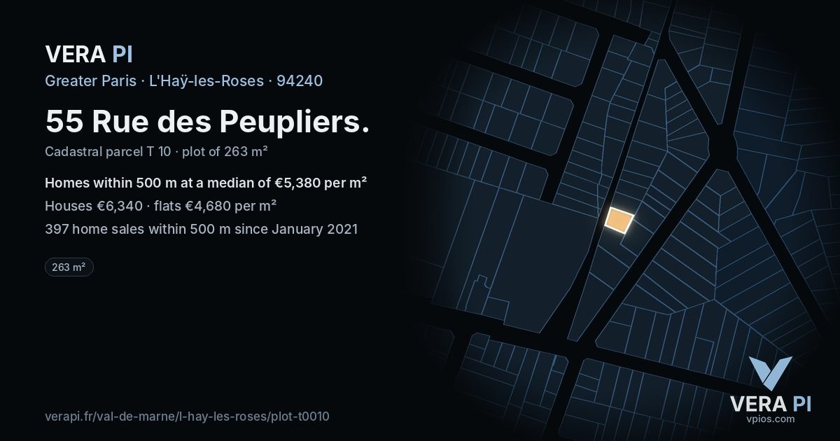 55 Rue des Peupliers, L'Haÿ-les-Roses at night – the plot lit, the parcels around coloured by the prices near them
