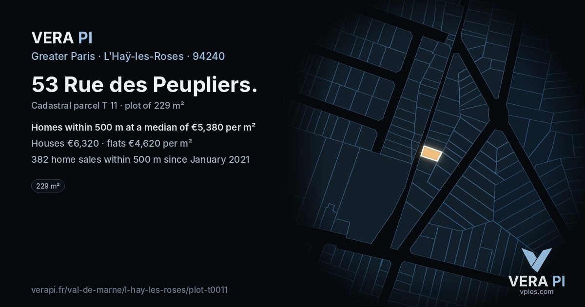 53 Rue des Peupliers, L'Haÿ-les-Roses at night – the plot lit, the parcels around coloured by the prices near them