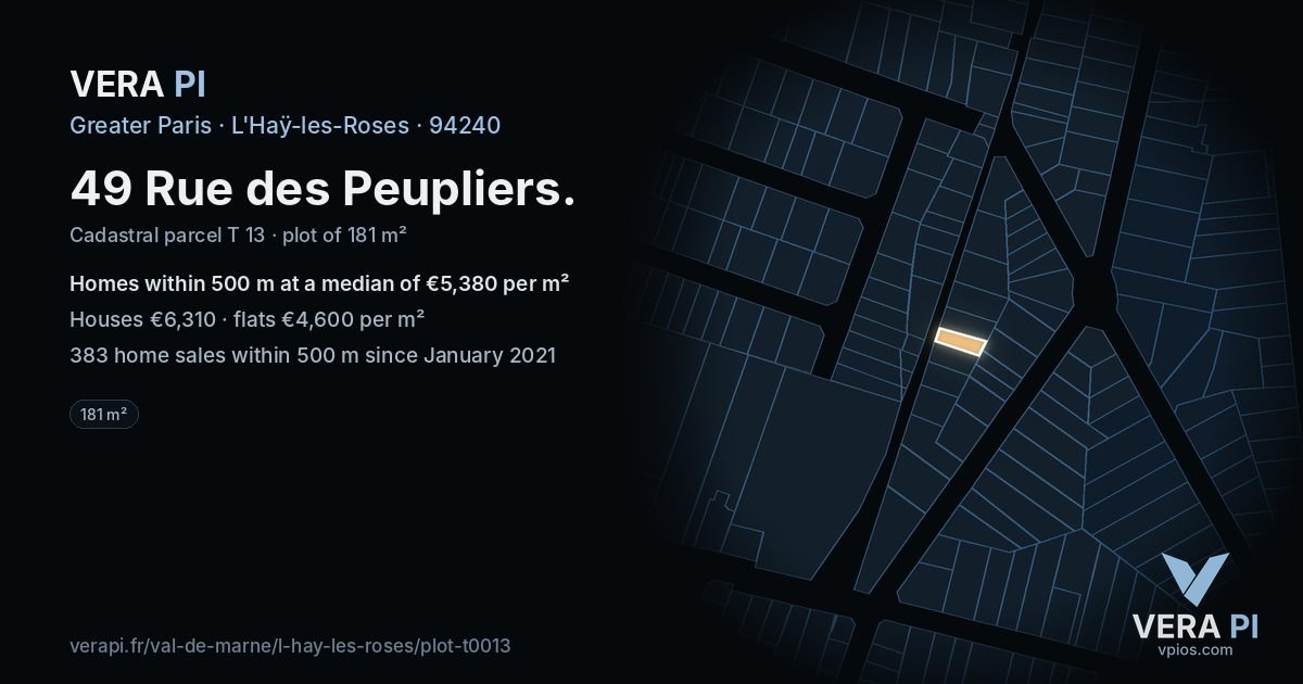 49 Rue des Peupliers, L'Haÿ-les-Roses at night – the plot lit, the parcels around coloured by the prices near them