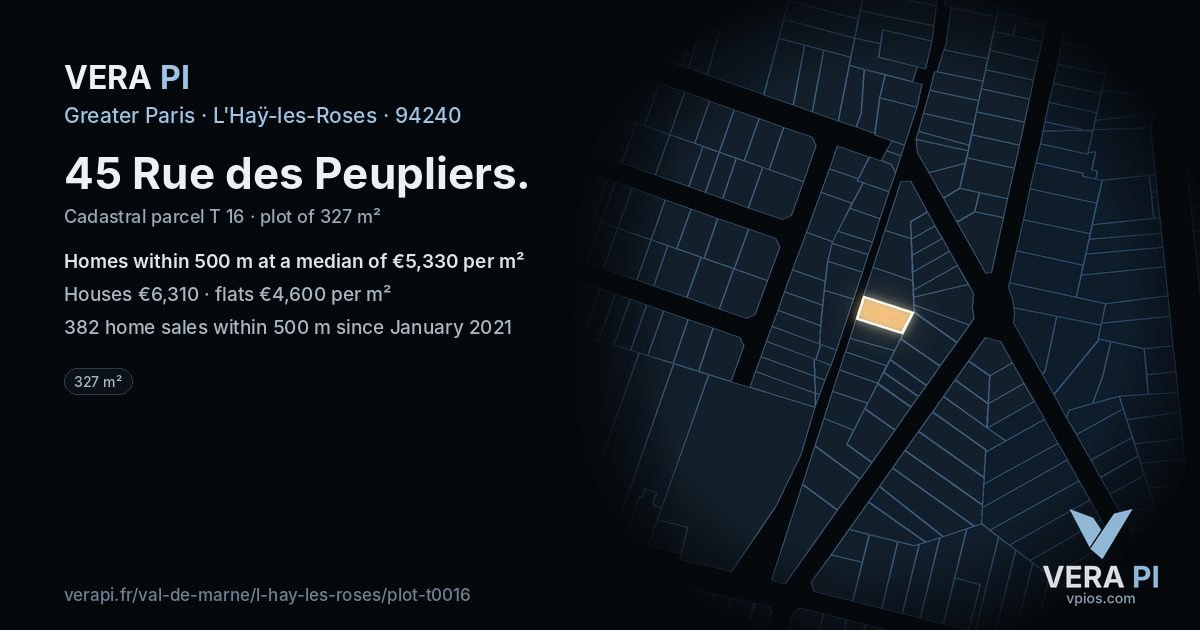 45 Rue des Peupliers, L'Haÿ-les-Roses at night – the plot lit, the parcels around coloured by the prices near them
