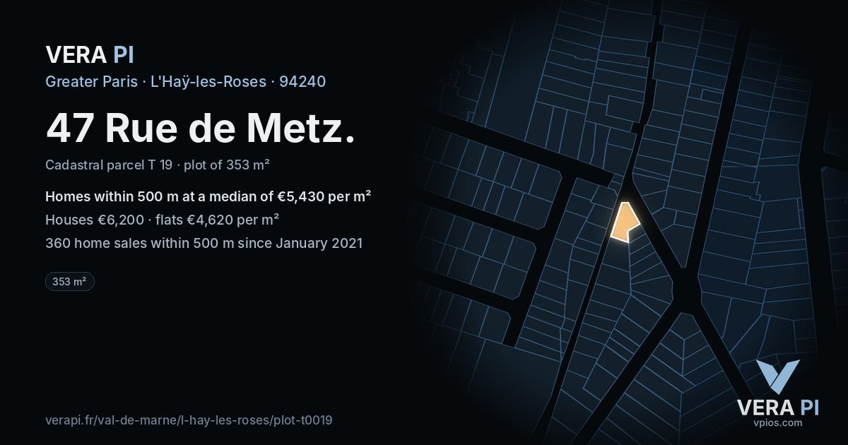 47 Rue de Metz, L'Haÿ-les-Roses at night – the plot lit, the parcels around coloured by the prices near them
