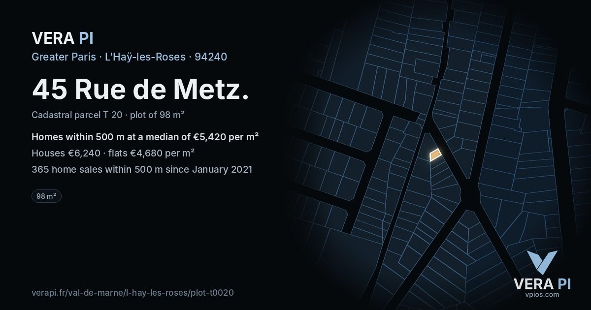45 Rue de Metz, L'Haÿ-les-Roses at night – the plot lit, the parcels around coloured by the prices near them