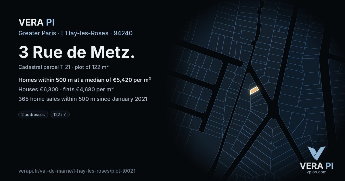 3 Rue de Metz, L'Haÿ-les-Roses at night – the plot lit, the parcels around coloured by the prices near them