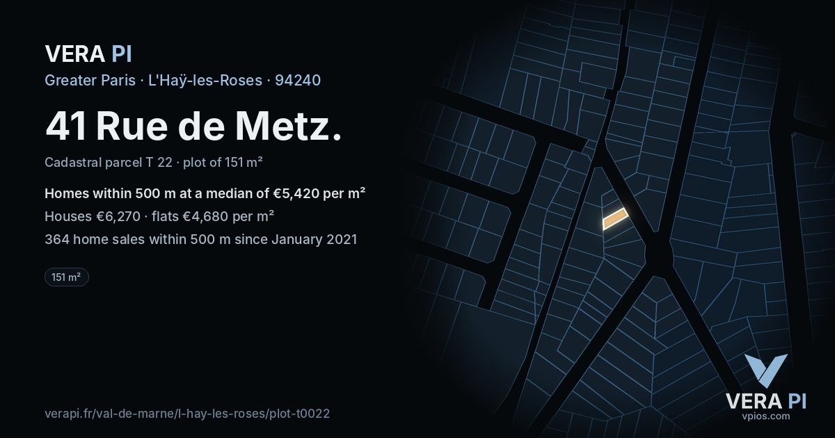 41 Rue de Metz, L'Haÿ-les-Roses at night – the plot lit, the parcels around coloured by the prices near them