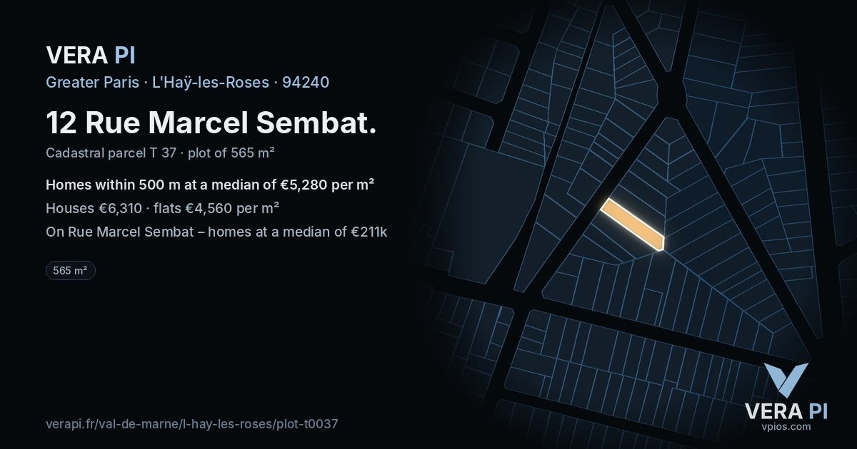 12 Rue Marcel Sembat, L'Haÿ-les-Roses at night – the plot lit, the parcels around coloured by the prices near them