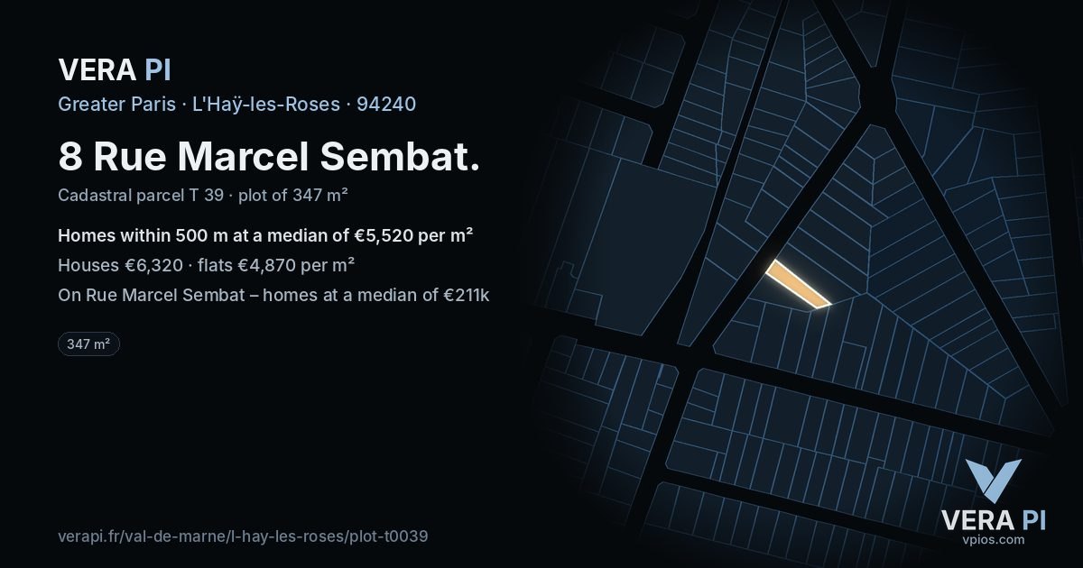 8 Rue Marcel Sembat, L'Haÿ-les-Roses at night – the plot lit, the parcels around coloured by the prices near them