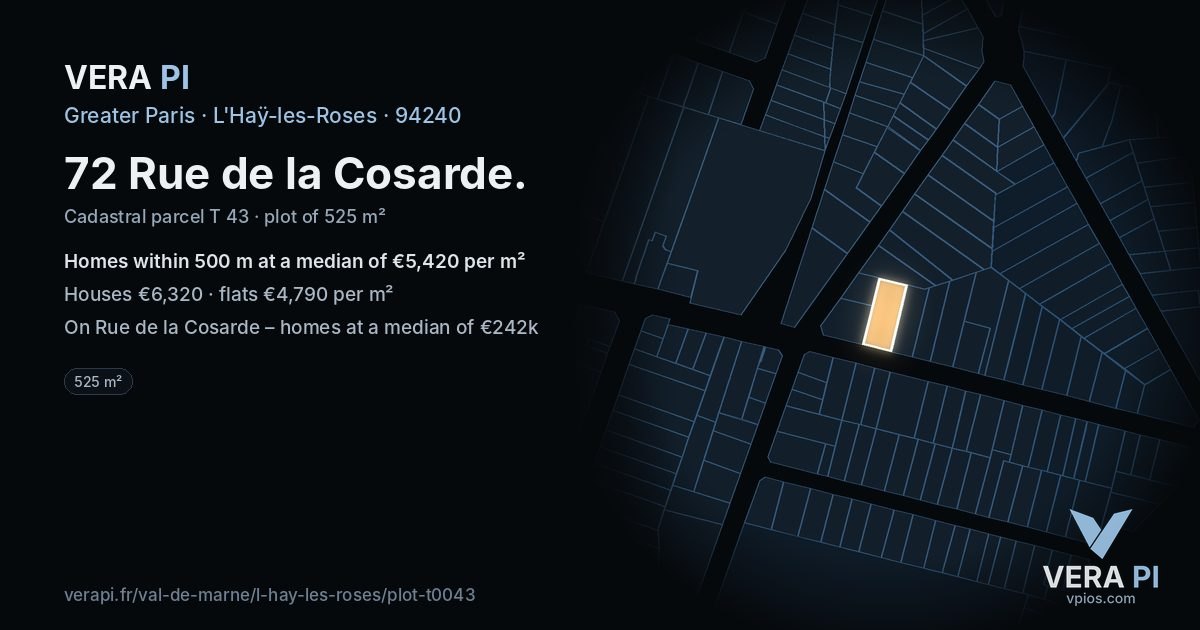 72 Rue de la Cosarde, L'Haÿ-les-Roses at night – the plot lit, the parcels around coloured by the prices near them