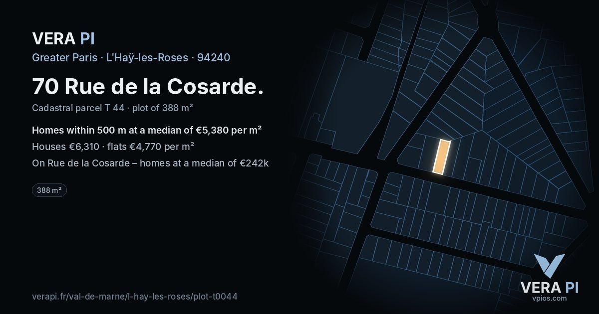 70 Rue de la Cosarde, L'Haÿ-les-Roses at night – the plot lit, the parcels around coloured by the prices near them