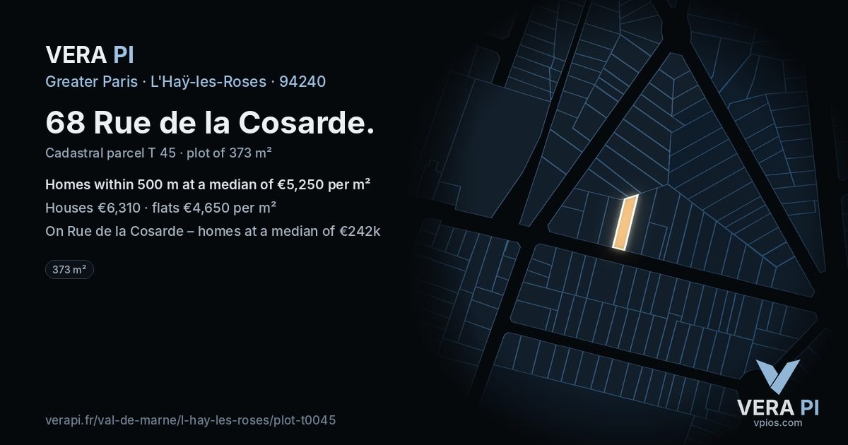 68 Rue de la Cosarde, L'Haÿ-les-Roses at night – the plot lit, the parcels around coloured by the prices near them