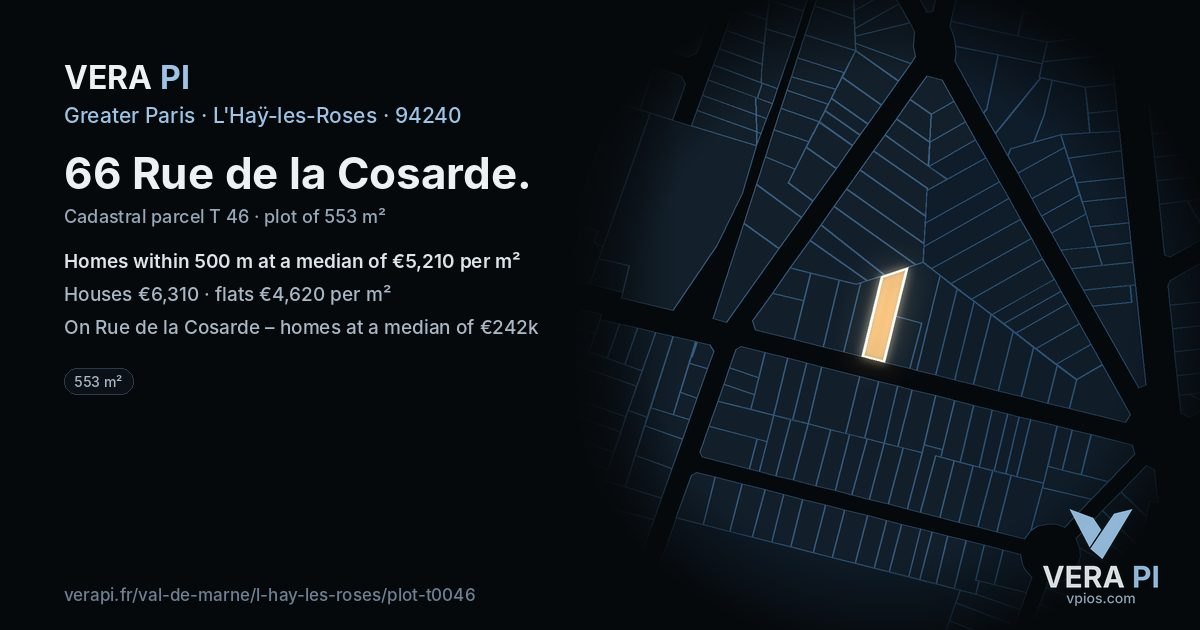 66 Rue de la Cosarde, L'Haÿ-les-Roses at night – the plot lit, the parcels around coloured by the prices near them