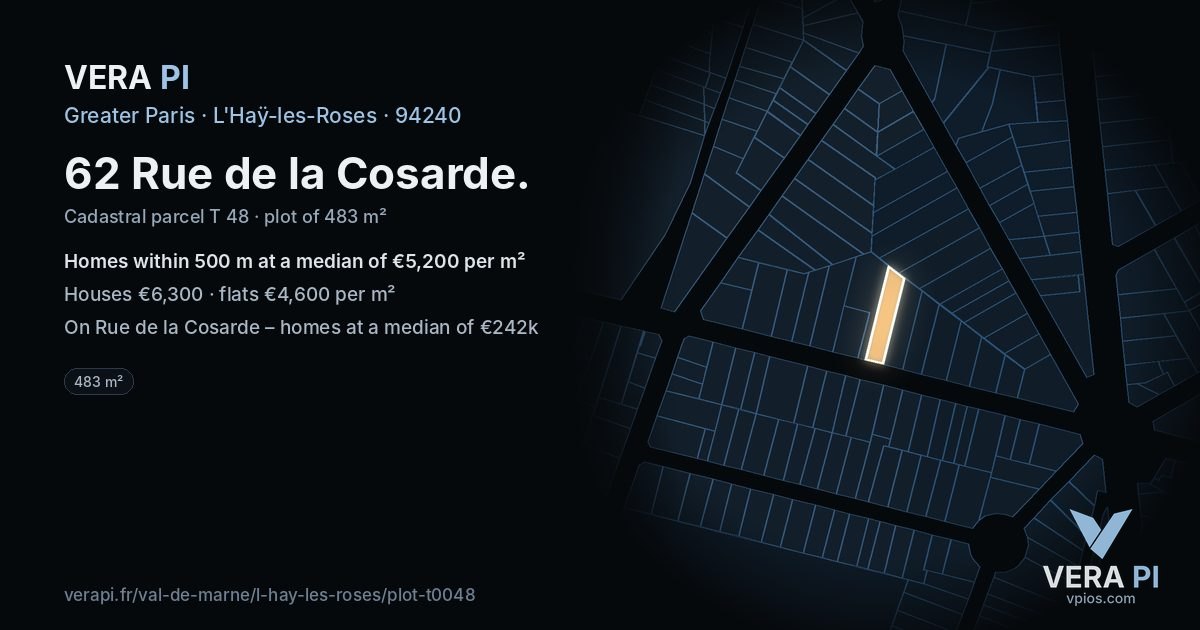 62 Rue de la Cosarde, L'Haÿ-les-Roses at night – the plot lit, the parcels around coloured by the prices near them