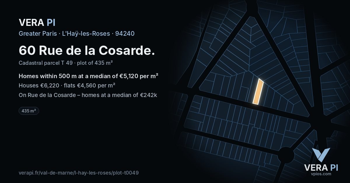 60 Rue de la Cosarde, L'Haÿ-les-Roses at night – the plot lit, the parcels around coloured by the prices near them