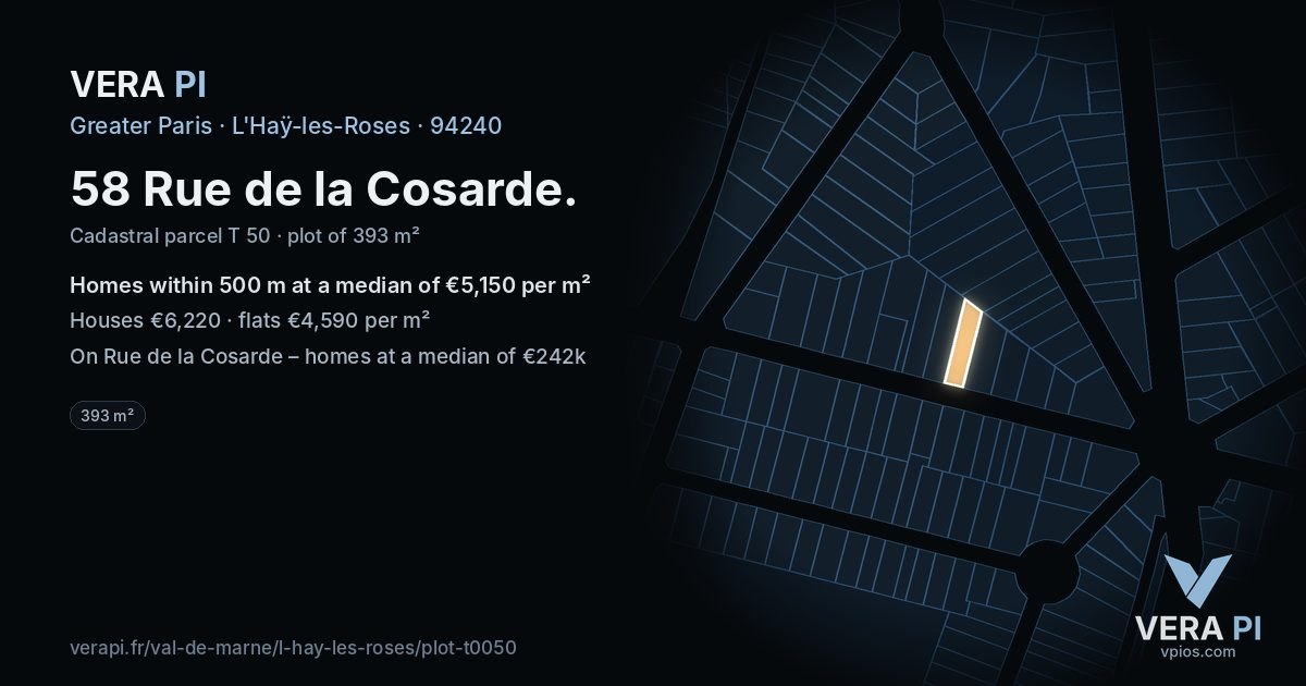 58 Rue de la Cosarde, L'Haÿ-les-Roses at night – the plot lit, the parcels around coloured by the prices near them