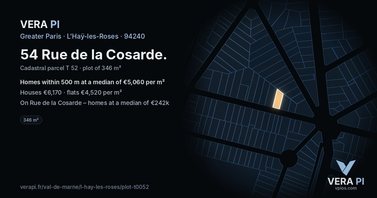 54 Rue de la Cosarde, L'Haÿ-les-Roses at night – the plot lit, the parcels around coloured by the prices near them