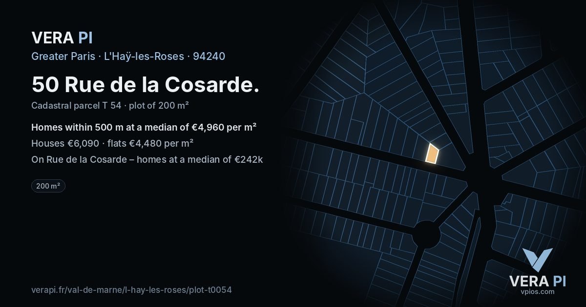 50 Rue de la Cosarde, L'Haÿ-les-Roses at night – the plot lit, the parcels around coloured by the prices near them