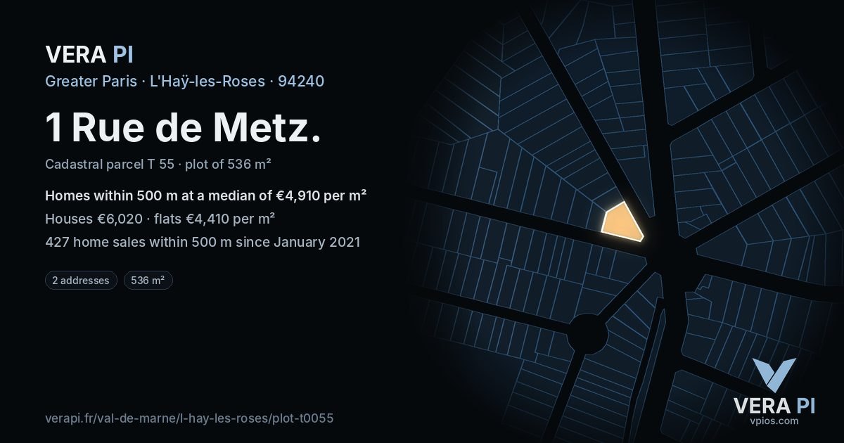 1 Rue de Metz, L'Haÿ-les-Roses at night – the plot lit, the parcels around coloured by the prices near them