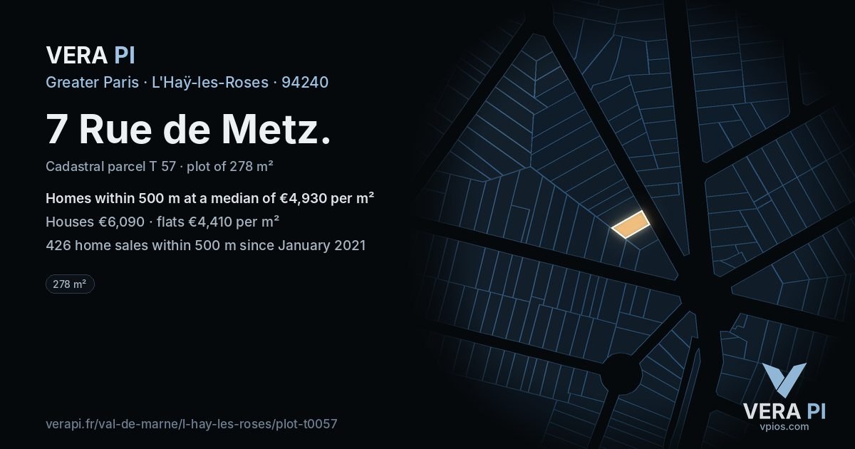 7 Rue de Metz, L'Haÿ-les-Roses at night – the plot lit, the parcels around coloured by the prices near them