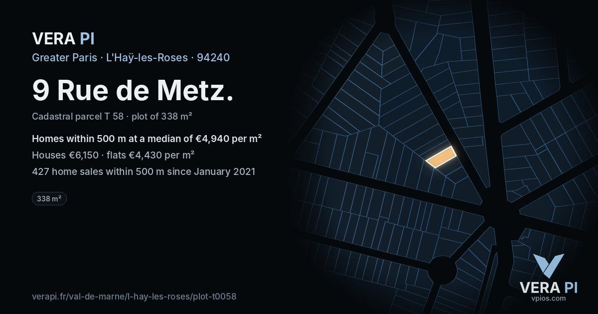 9 Rue de Metz, L'Haÿ-les-Roses at night – the plot lit, the parcels around coloured by the prices near them
