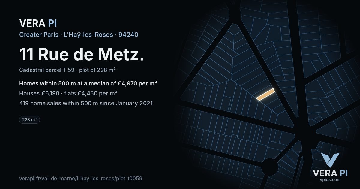 11 Rue de Metz, L'Haÿ-les-Roses at night – the plot lit, the parcels around coloured by the prices near them