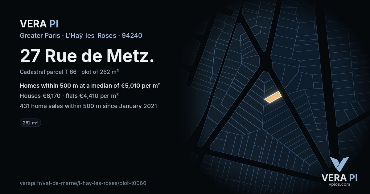 27 Rue de Metz, L'Haÿ-les-Roses at night – the plot lit, the parcels around coloured by the prices near them