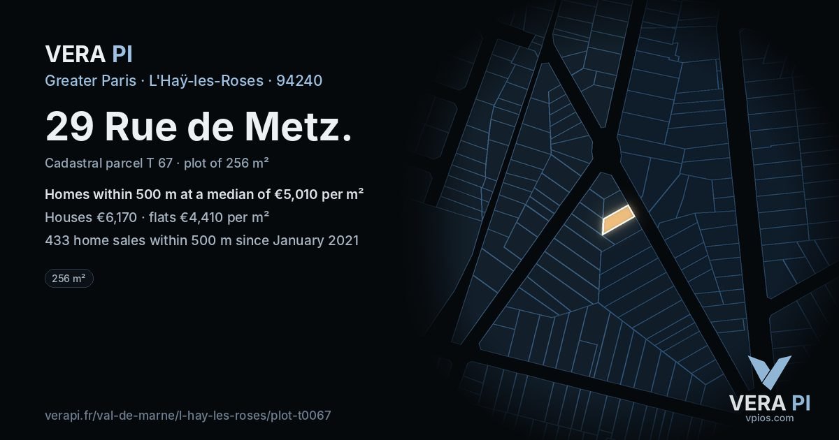 29 Rue de Metz, L'Haÿ-les-Roses at night – the plot lit, the parcels around coloured by the prices near them