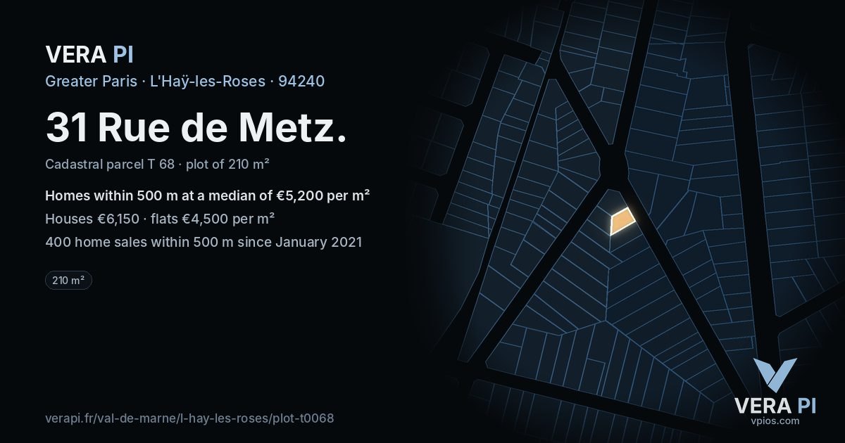 31 Rue de Metz, L'Haÿ-les-Roses at night – the plot lit, the parcels around coloured by the prices near them