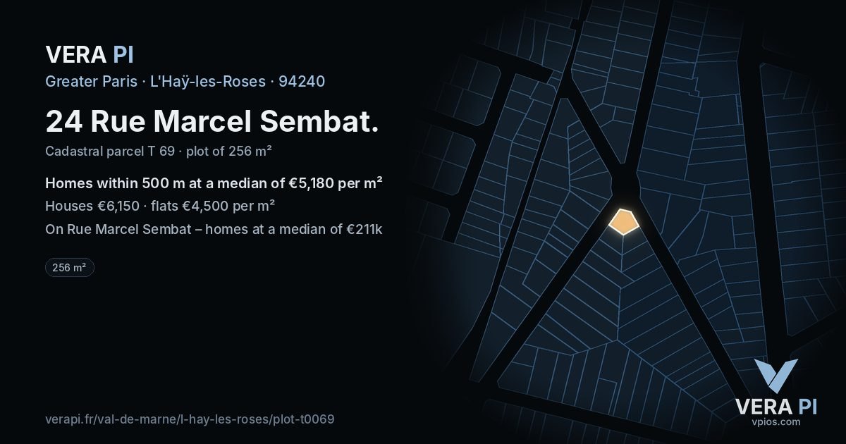 24 Rue Marcel Sembat, L'Haÿ-les-Roses at night – the plot lit, the parcels around coloured by the prices near them