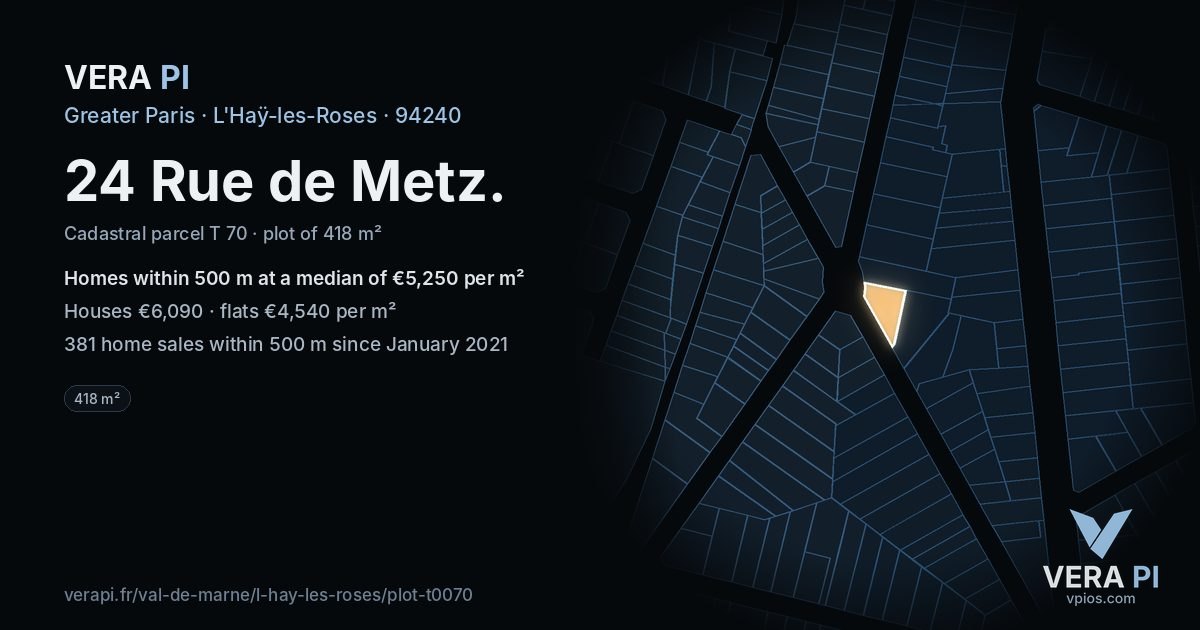 24 Rue de Metz, L'Haÿ-les-Roses at night – the plot lit, the parcels around coloured by the prices near them