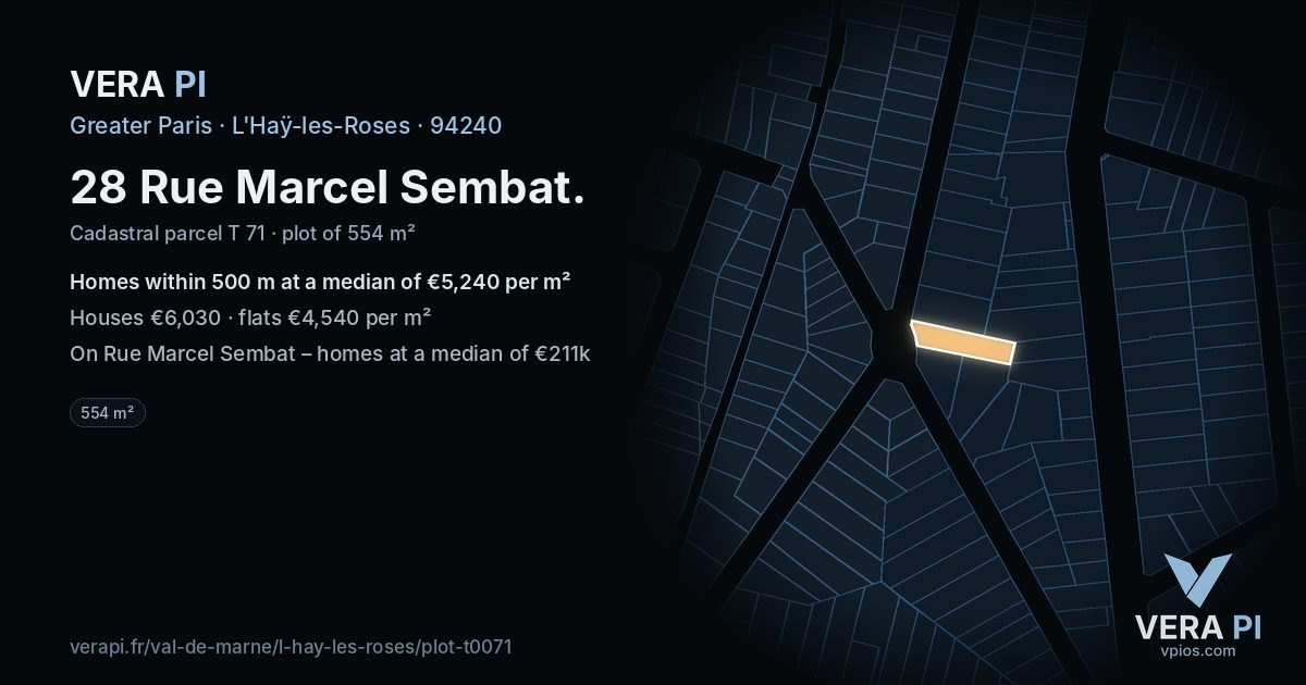 28 Rue Marcel Sembat, L'Haÿ-les-Roses at night – the plot lit, the parcels around coloured by the prices near them