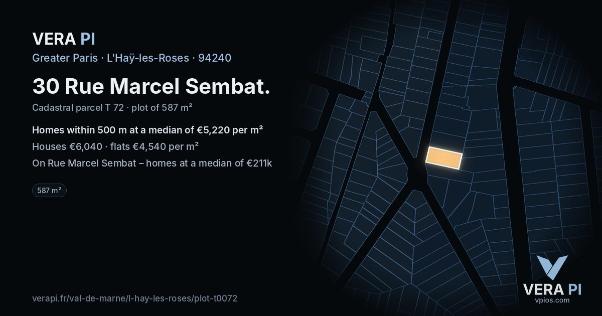 30 Rue Marcel Sembat, L'Haÿ-les-Roses at night – the plot lit, the parcels around coloured by the prices near them