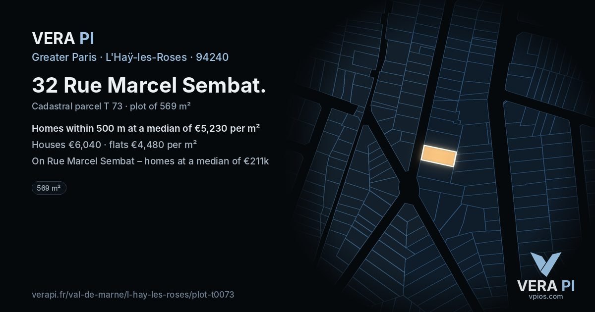 32 Rue Marcel Sembat, L'Haÿ-les-Roses at night – the plot lit, the parcels around coloured by the prices near them